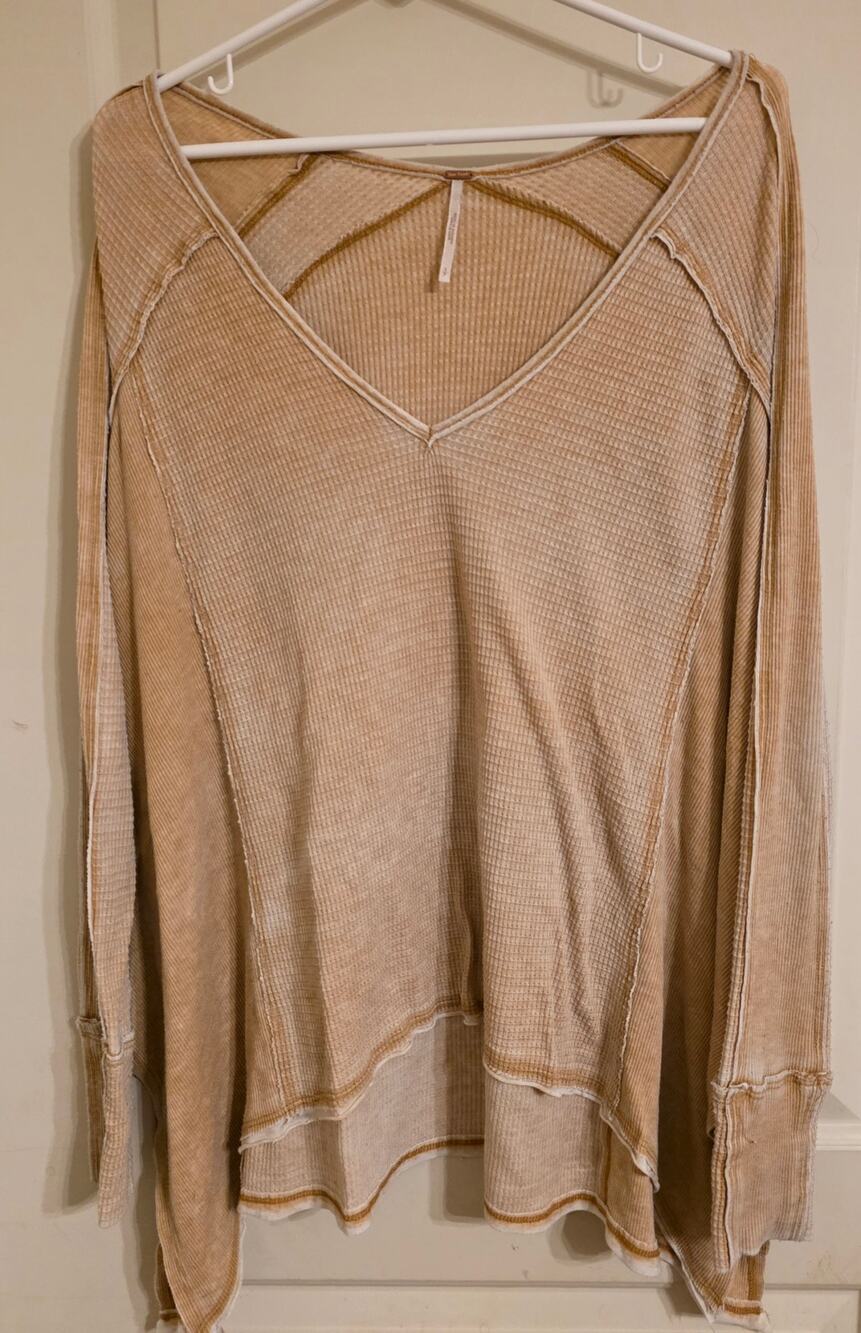 Free People Beige Laguna Waffle Knit Thermal Top